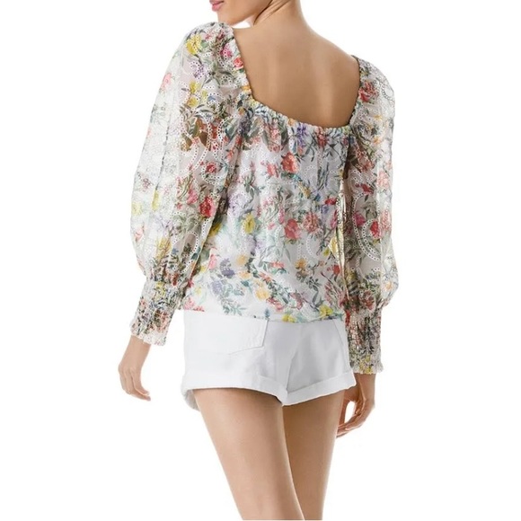 Alice & Olivia Rowa Floral Embroidered Tiered Puff-Sleeve Top Sz LG - Picture 3 of 9